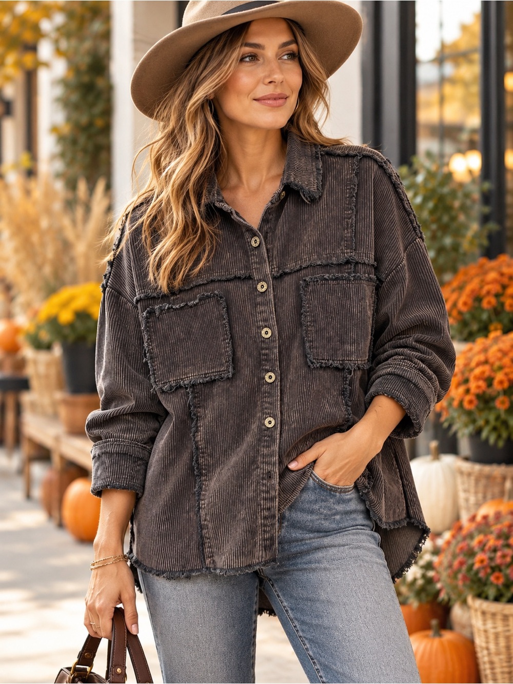 Umgee Washed Gray Wide Wale Corduroy Raw Edge Oversized High Low Shacket M